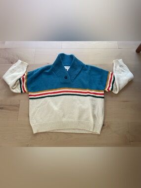 THE GREAT. Cream and Blue Knit Sweater The Henley